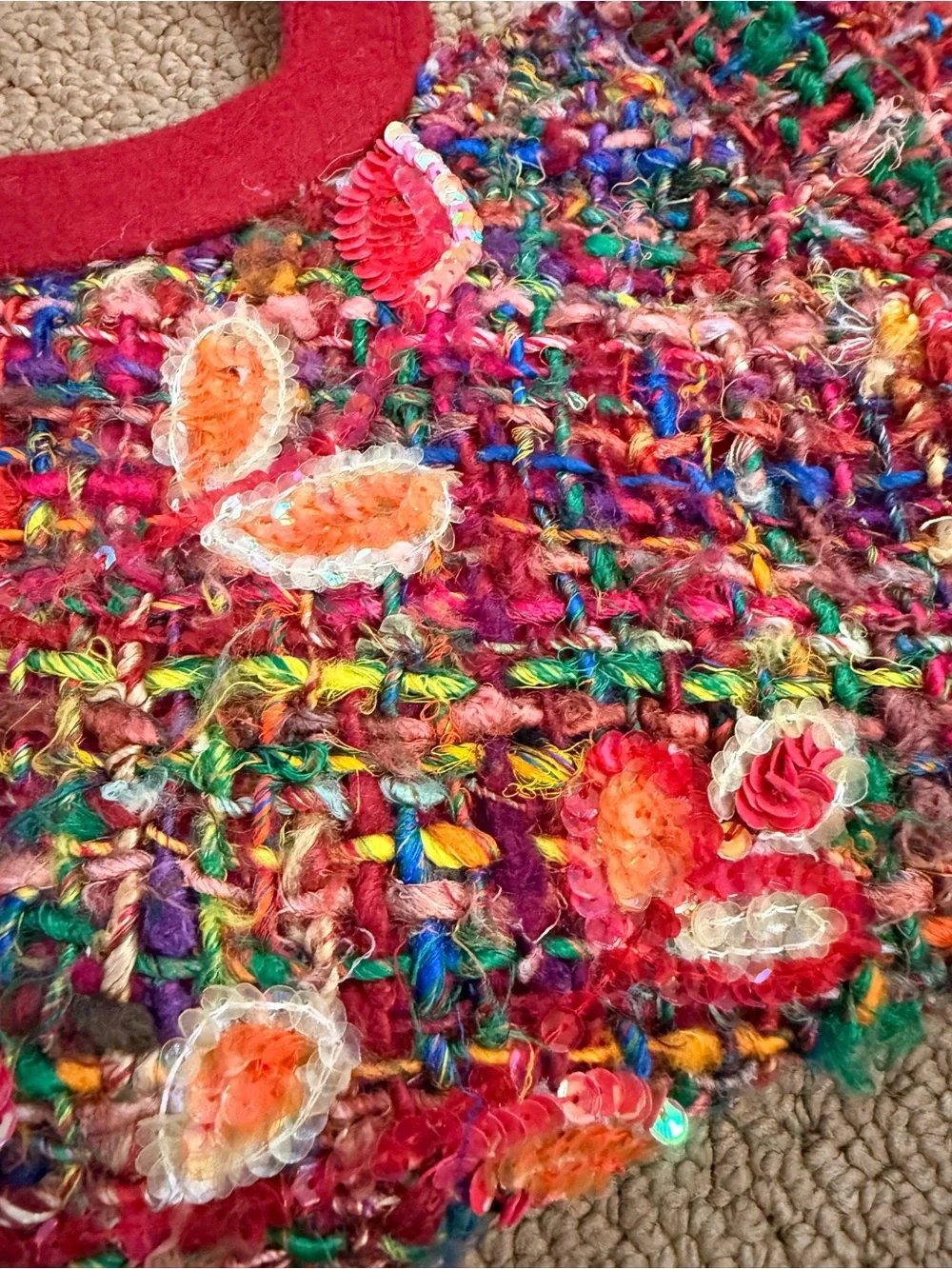 Handcrafted Multicolor Crochet Clutch with Red Handle